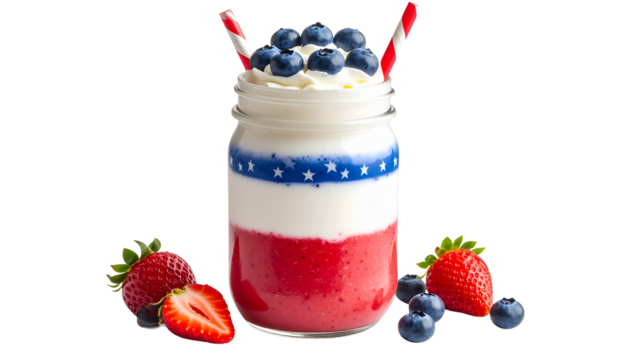 Patriotic milkshake with red, white, and blue layers in a glass jar, garnished with fruit and a straw.