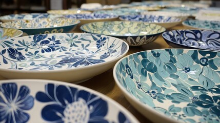 Fototapeta premium Hand-painted floral designs on a collection of oval dishes.