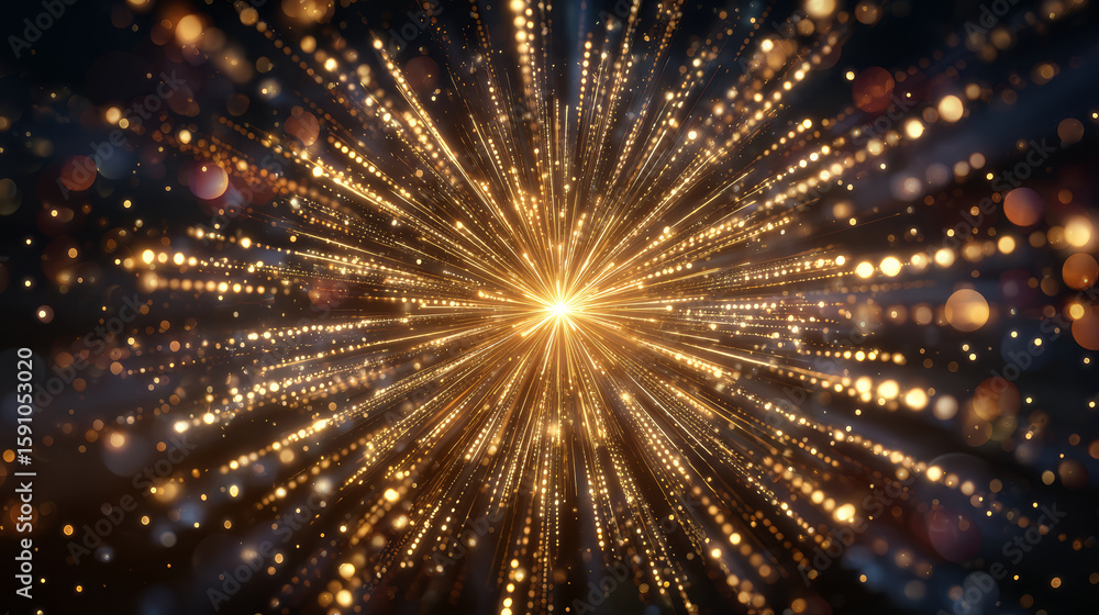 Poster golden light burst with sparkling particles radiating outward, creating festive and dynamic glowing 