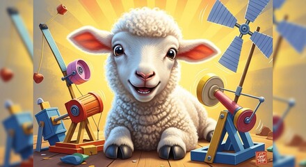 A cheerful, fluffy lamb smiles while surrounded by whimsical, colorful toy inventions and a small windmill.