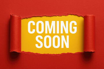 Red paper torn revealing yellow background with white Coming Soon text ripped