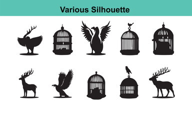 Various Silhouette Vector Art: Deer, Birds, and Birdcages - Black and White Clip Art Collection for Graphic Design and Illustration Projects