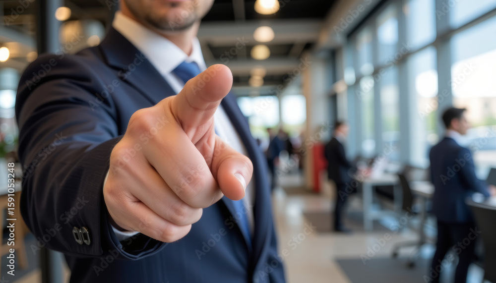 Poster man pointing finger forward in office environment with blurred coworkers working in background
