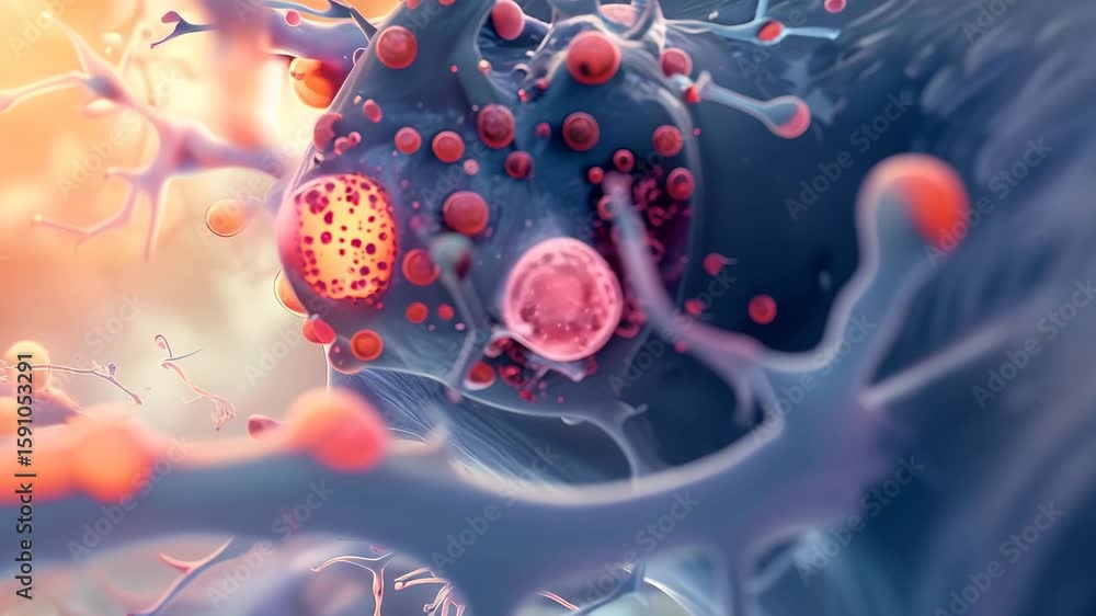 Poster cellular world detailed microscopic view of cells with vibrant red nuclei and branching structures