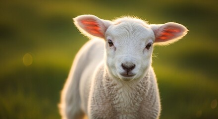 Obraz premium A close-up of a young, white lamb standing in a grassy field, bathed in soft, warm sunlight, looking directly at the camera.