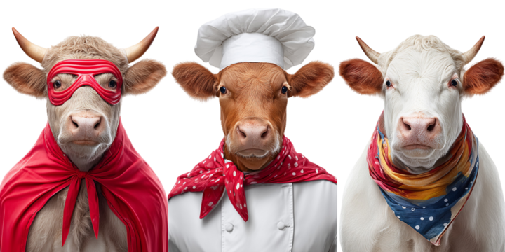Three cows dressed in costumes