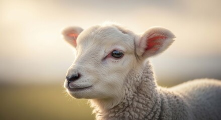 Fototapeta premium A close-up portrait of an adorable white lamb standing in a sunlit field with a soft, warm glow.