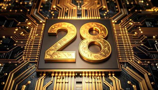 Golden number 28 on a circuit board - Powered by Adobe