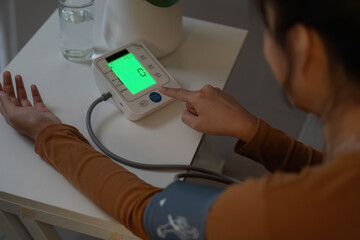 Health Awareness. Woman measuring blood pressure at home.