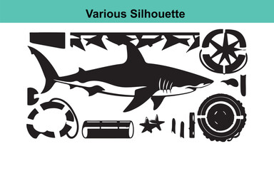 Shark Silhouette Vector Art: Nautical Theme, Compass, Lifebuoy, Starfish, and Underwater Elements - Black and White Graphic Design Illustration