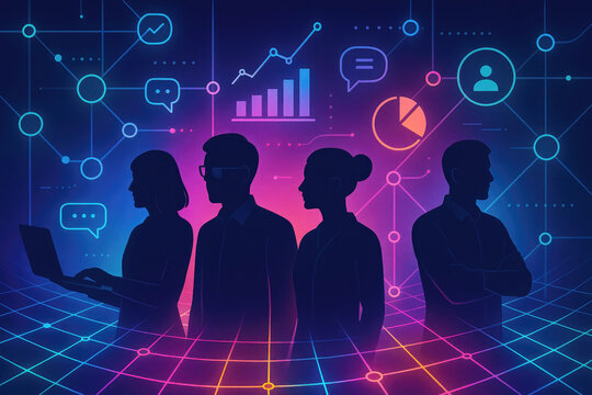 Silhouetted professionals collaborating with digital network business collaboration