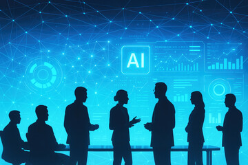 Silhouetted professionals discuss artificial intelligence data analytics business meeting