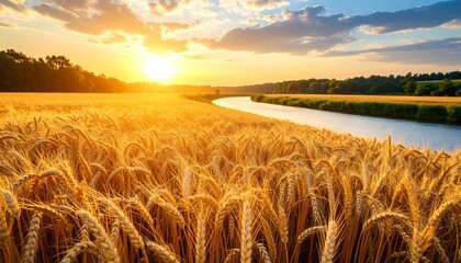Golden wheat field at sunset over a river