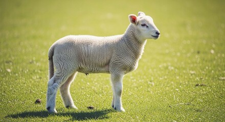 Obraz premium A young, white lamb stands in a sunny green field, looking to the right, its fleece clean and bright.