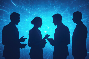 Silhouettes of people collaborating with digital network background business collaboration