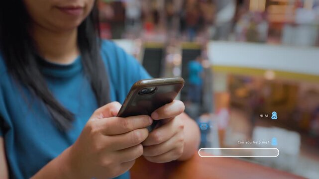 Woman using mobile AI assistant to find cheapest store in mall, modern smart shopping technology concept