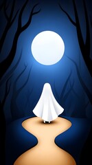 A captivating dark fantasy illustration featuring a girl in a white cape, standing at the beginning of a winding, moonlit path that meanders through a dense and mystifying nocturnal forest. The cool b