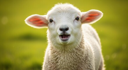 Obraz premium A close-up portrait of a fluffy lamb with open mouth, set against a blurred green background.