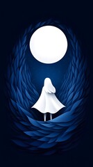 A captivating dark fantasy illustration featuring a girl in a white cape, standing at the beginning of a winding, moonlit path that meanders through a dense and mystifying nocturnal forest. The cool b