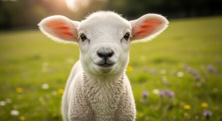 Naklejka premium Adorable fluffy white lamb with large ears gazes directly at the camera in a sunlit grassy field dotted with small wildflowers.