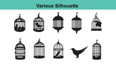 Birdcage Silhouette Vector: Collection of Vintage Cage Designs, Decorative Animal Confinement, Graphic Illustration, Black and White Art