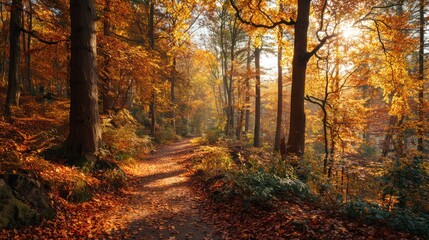 Fototapeta premium Autumn Woodland Trail Covered in Fallen Leaves with Sunlight