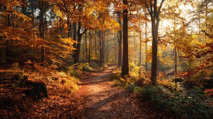 Autumn Woodland Trail Covered in Fallen Leaves with Sunlight


