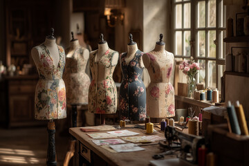 A warm, fashion workspace featuring vintage and modern dress forms, fabric pieces, and sewing tools. 