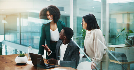 Laptop, business people and happy group planning in office for accounting proposal online. Meeting,...