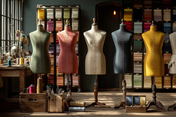 A warm, fashion workspace featuring vintage and modern dress forms, fabric pieces, and sewing tools. 