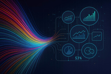 Vibrant data streams connecting to analytical charts abstract analysis