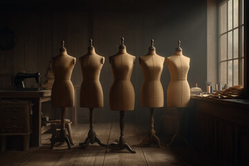 A warm, fashion workspace featuring vintage and modern dress forms, fabric pieces, and sewing tools. 