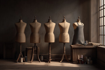A warm, fashion workspace featuring vintage and modern dress forms, fabric pieces, and sewing tools. 