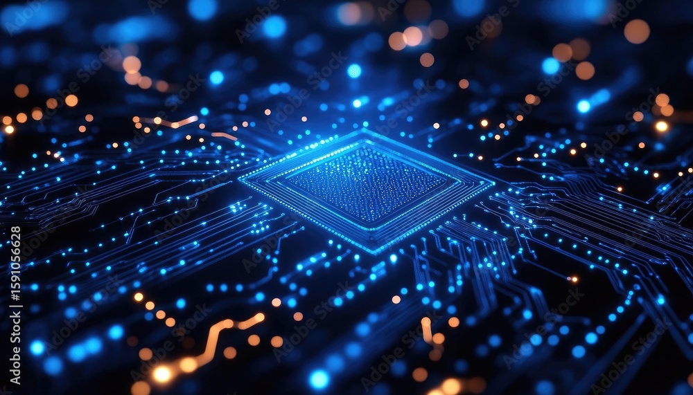 Poster glowing blue circuit board with tech components and transparent background design
