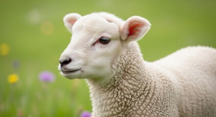 Obraz premium A close-up portrait of an adorable young lamb in a lush green field with wildflowers.