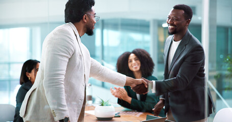 Shaking hands, meeting and business people for partnership, merger or thank you in office. B2B...