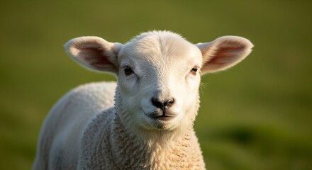 Naklejka premium A close-up portrait of a young, fluffy white lamb with large ears, looking directly at the camera in a sunlit grassy field.