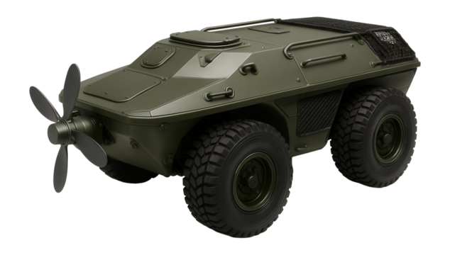 Amphibious armored vehicle with watertight seals and foldable propellers