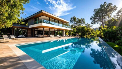 Fototapeta premium Modern luxury home with pool overlooking a landscape