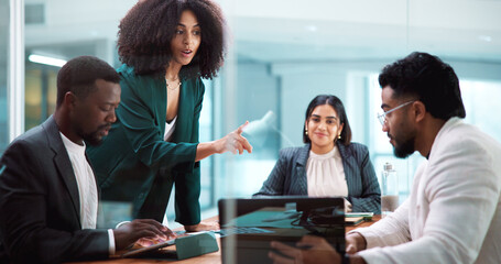 Business people, meeting and collaboration with idea in office, insurance proposal or feedback....