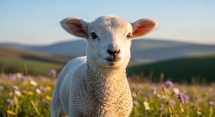 Fototapeta premium Close-up of an adorable white lamb in a spring meadow filled with colorful wildflowers.