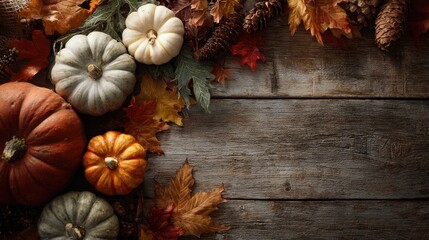 Pumpkins and Autumn Leaves on Rustic Wooden Surface

