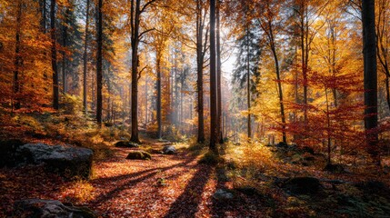 Fototapeta premium Serene Autumn Forest with Golden and Red Foliage and Sunlight