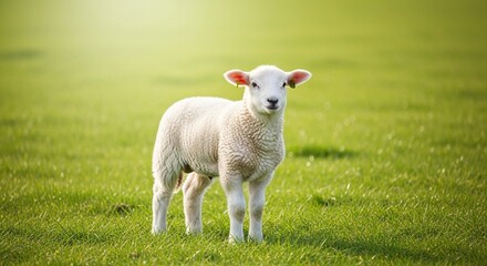 Fototapeta premium A young, white lamb standing in a lush green field, bathed in soft, natural light.