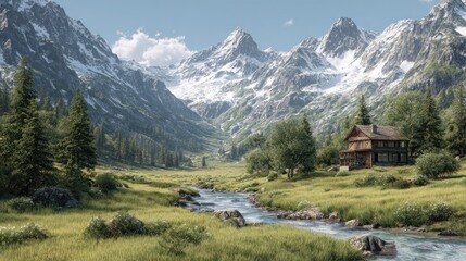 Tranquil Alpine Valley with Snowy Peaks, River, and Chalet

