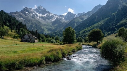 Tranquil Alpine Valley with Snowy Peaks, River, and Chalet

