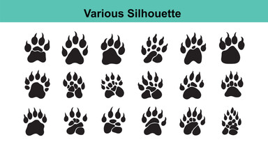 Black Silhouette Vector Graphics of Various Animal Paw Prints: Bear, Dog, Cat, and Other Wildlife Footprints for Design and Illustration