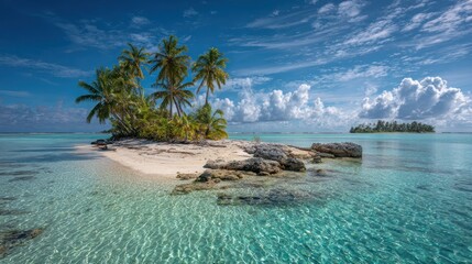 Tropical Island Lagoon Surrounded by Palm Trees and White Sand, Crystal Clear Blue Water with Gentle Ripples, Bright Sky with Puffy Clouds