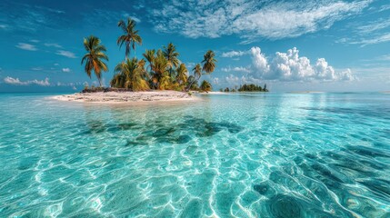 Tropical Island Lagoon Surrounded by Palm Trees and White Sand, Crystal Clear Blue Water with Gentle Ripples, Bright Sky with Puffy Clouds