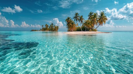 Tropical Island Lagoon Surrounded by Palm Trees and White Sand, Crystal Clear Blue Water with Gentle Ripples, Bright Sky with Puffy Clouds